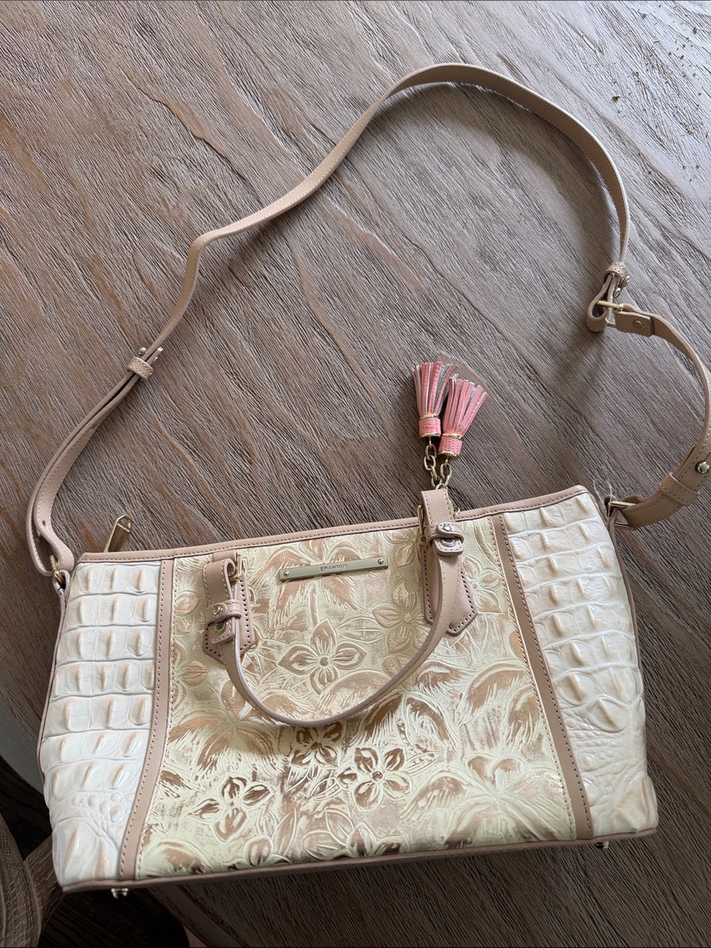 Brahmin Blush and Cream Floral Embossed Shoulder Bag